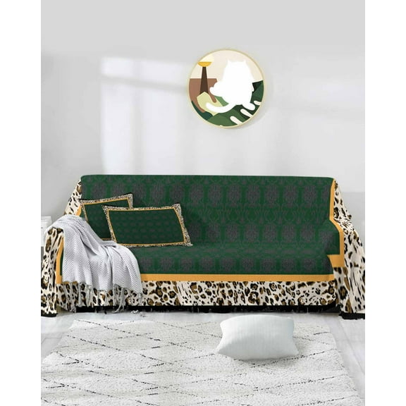 Boho Green Sofa Covers for 3 Cushion Couch,Washable Sectional & L Shape Couch Covers for Dog/Cat/Kids,Abstract Leopard Print Retro Brown Bohemian Non Slip Sofa Slipcover Tassel Futon Cover 71x150