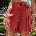 thumbnail image 7 of Ailaofu Womens Wrap Tassel Shorts High Waisted Tie Waist Solid Color Casual Shorts with Fringe Hem Flowy Lightweight Skort Style, 7 of 7