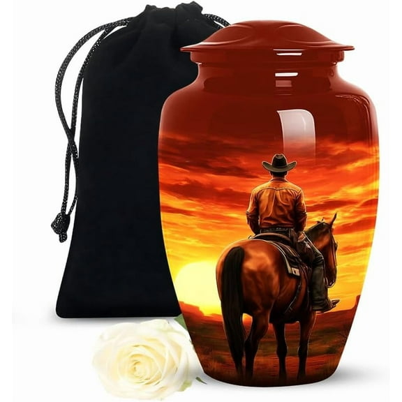 Cowboy Cremation Urn For Adult Ashes – Cowboy Sunset Memorial Urn Human Ash Funeral- Large Adult Male Memorial Ash Urns - Urns For Ashes For Female - Size 10 Inch 1pcs