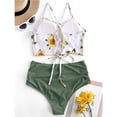 thumbnail image 3 of Traje de baño tankini de cintura alta fruncido con cordones y estampado de hojas para mujer, 3 of 5