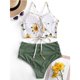 thumbnail image 3 of Traje de baño tankini de cintura alta fruncido con cordones y estampado de hojas para mujer, 3 of 5