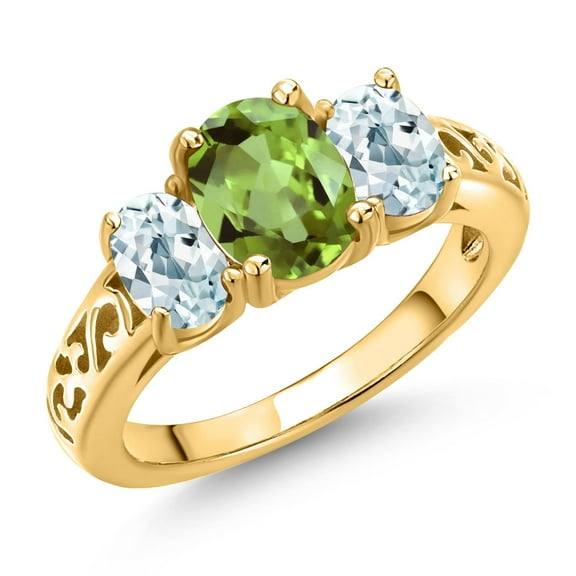 Gem Stone King 18K Yellow Gold Plated Silver Green Peridot and Sky Blue Aquamarine Filigree Style 3 Stone Ring for Women (2.42 Cttw, Oval 8X6MM and 6X4MM) (Size 8)