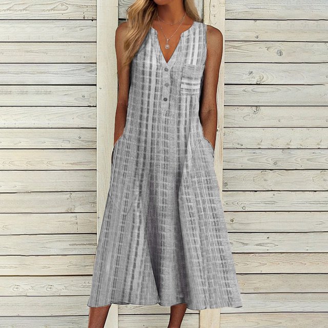 Babysbule Liquidation Robes d'Été pour Femmes, Mode Femme Décontractée Sans Manches à Col en V Boutonné à Rayures Imprimées avec Poches Robe Maxi