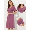 thumbnail image 2 of Unique Bargains Women's V Neck Button Flutter Sleeve Smocked High Waist Midi Dress M Fuchsia, 2 of 6