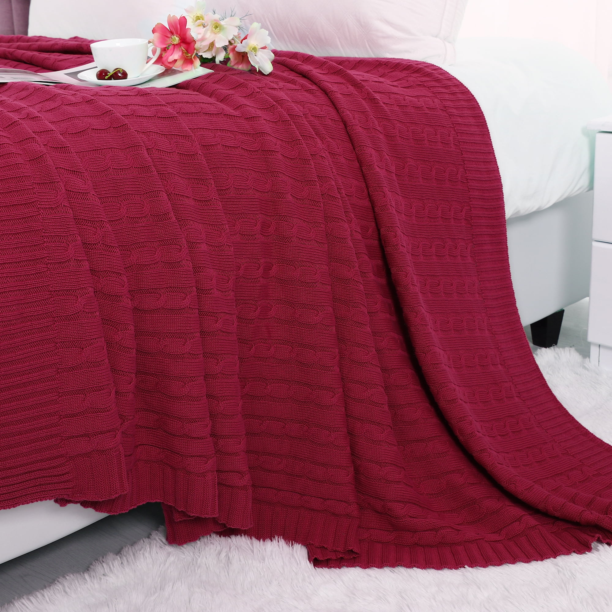 Super Soft Warm 100 Cotton Cable Knit Throw Blanket for Sofa Couch Bedding Home Red 47 x 70