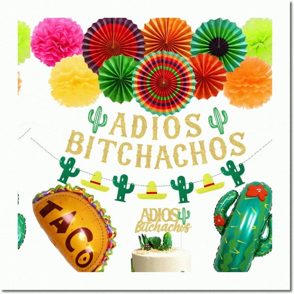 Fiesta Farewell Fiesta Kit: Adios Bitchachos Banner, Cake Topper, Paper Fan Pom Poms - Perfect for Going Away, Retirement, College Graduation & Career Change Parties!
