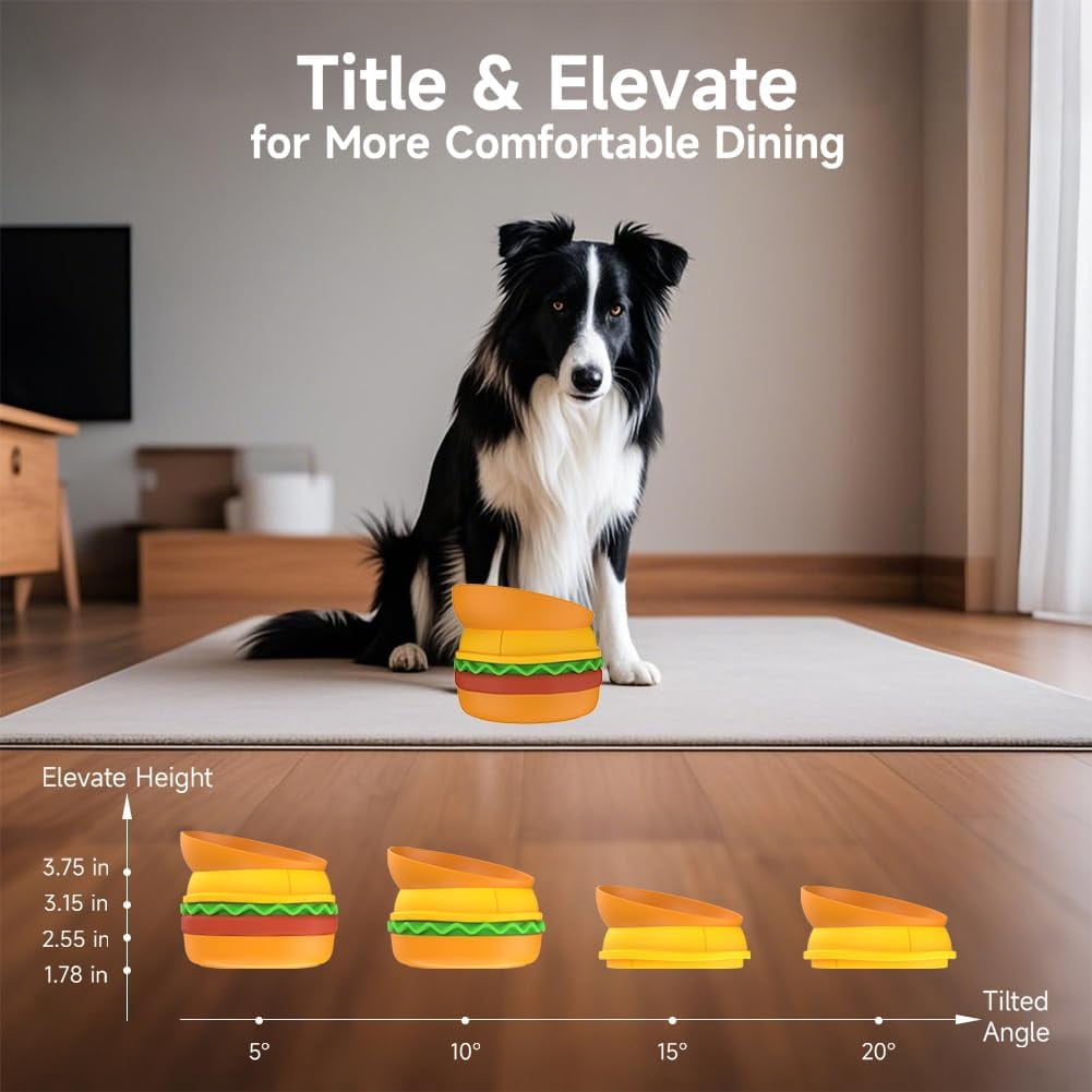 5-in-1 Burger Pet Bowls Set Tilted Elevated Slow Feeder Lick Mat Non-Slip Dog Cat Bowls Set for Small to Medium Pets Dishwasher Safe Adjustable Tilted Design for Pet Feeding and Drinking