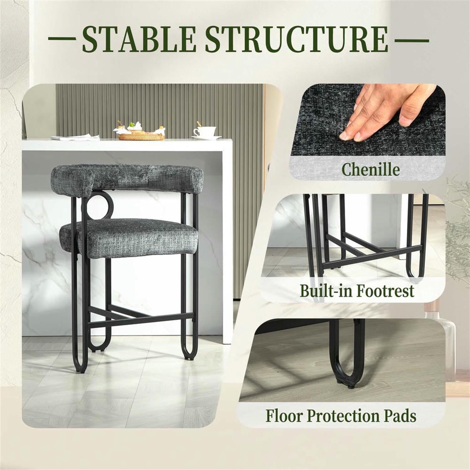 Demi Bonn 34" Counter Height Bar Stools Set of 2, Upholstered Barstools with Back, Kitchen Island Countertop Chairs for Dining Room, Gray