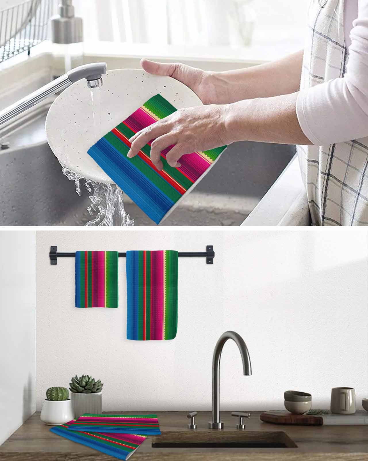 Mexican Stripes Dish Towels Set, Waffle Weave Kitchen Towels 4 Pieces, Blue Boho Red Green Orange Art Simple Microfiber Hair Face Bath Tea Towel Absorbent Quick Drying Cleaning Dish Cloths 12"x12"