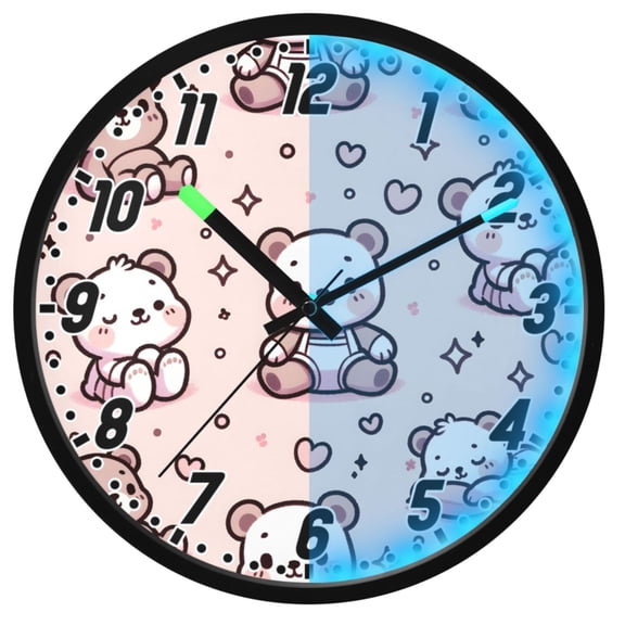 Dailycode Night Light Wall Clock Glow in The Dark 12 inch Battery Operated Silent Luminous Clocks, Cartoon Bear with Pink Heart