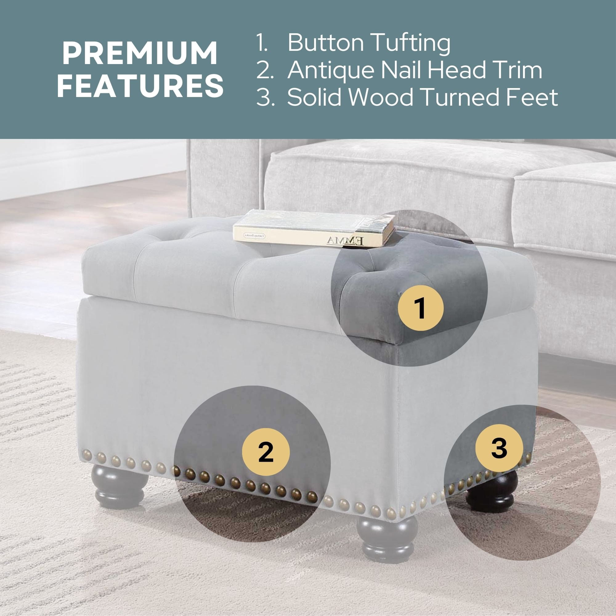Convenience Concepts Designs4Comfort 5th Avenue Storage Ottoman, Gray Velvet