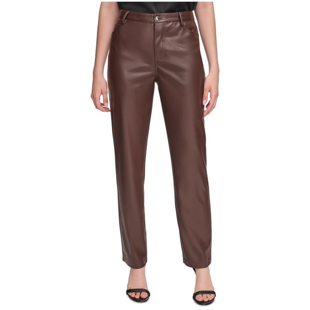 Calvin Klein Womens Faux Leather Cropped Casual Trouser Pants, brown, 12