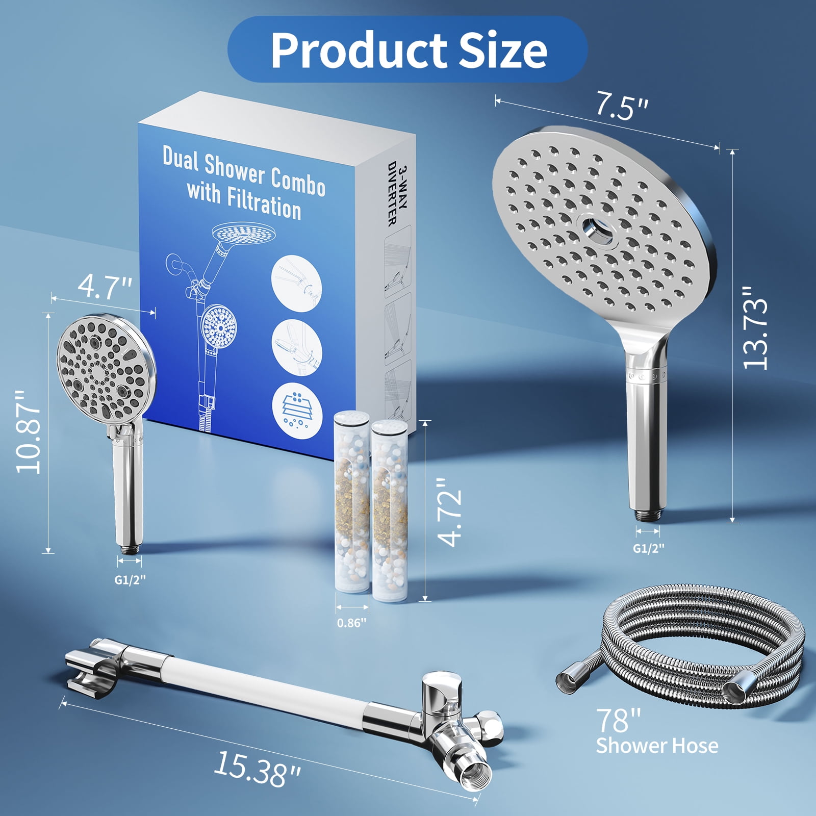 KAIYING Filtered Dual Shower Head System, 9-Mode Rain and Handheld Spray Combo with Adjustable Extension Arm, Chrome