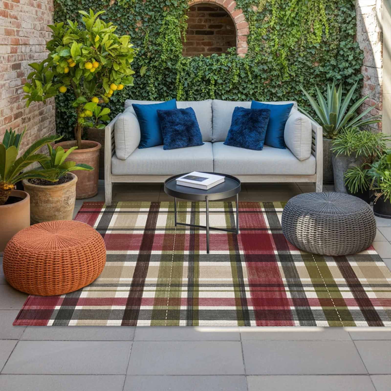 Buffalo Check Outdoor Rug for Patio/Deck/Porch, Non-Slip Large Area Rug 4 x 6 Ft, Red Green Farmhouse Plaid Vintage Autumn Indoor Outdoor Rugs Washable Area Rugs, Reversible Camping Rug Carpet Runner