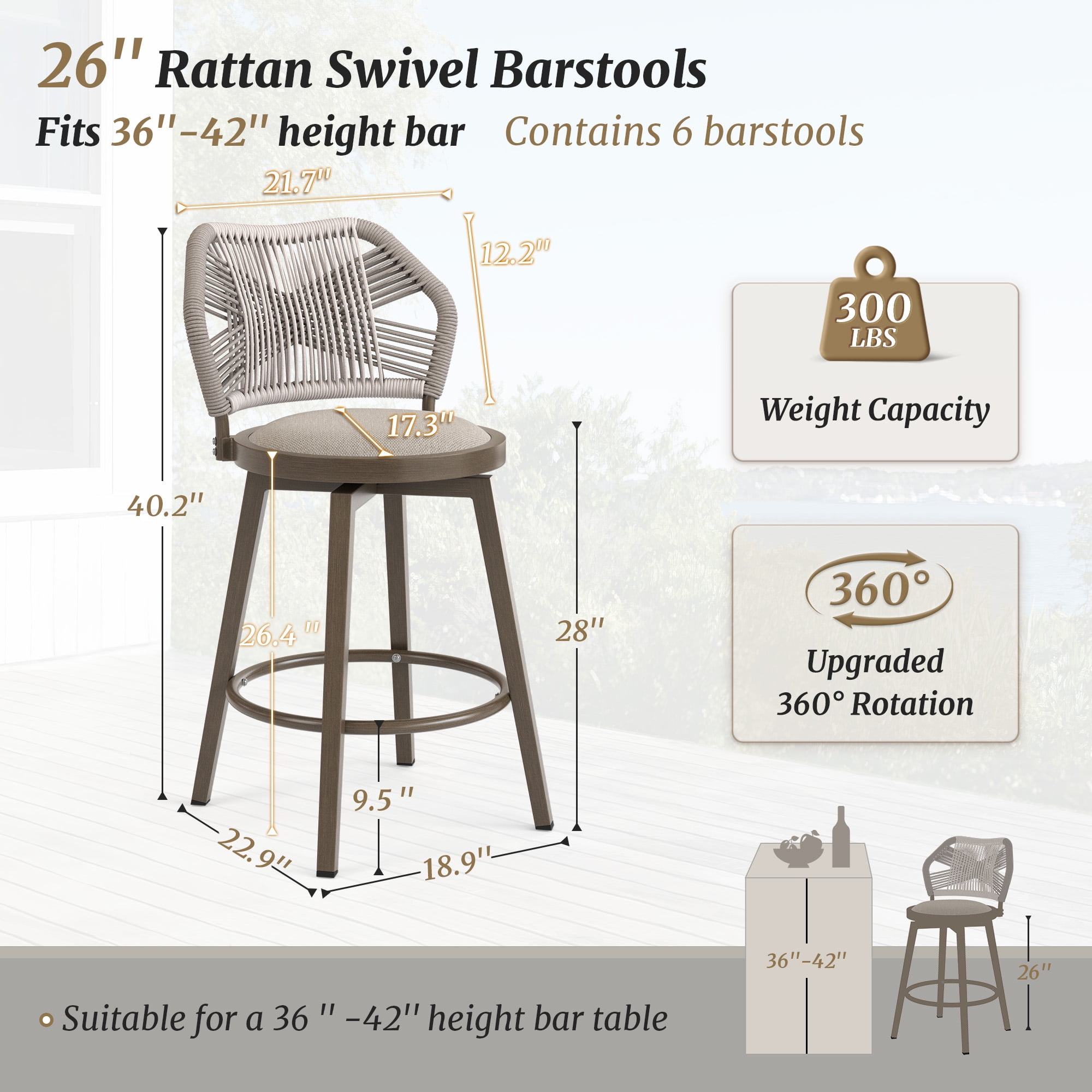 Dycanpo 26'' Swivel Bar Stools Set of 3, Counter Height Stools with Woven Backrest & Footrest, Beige