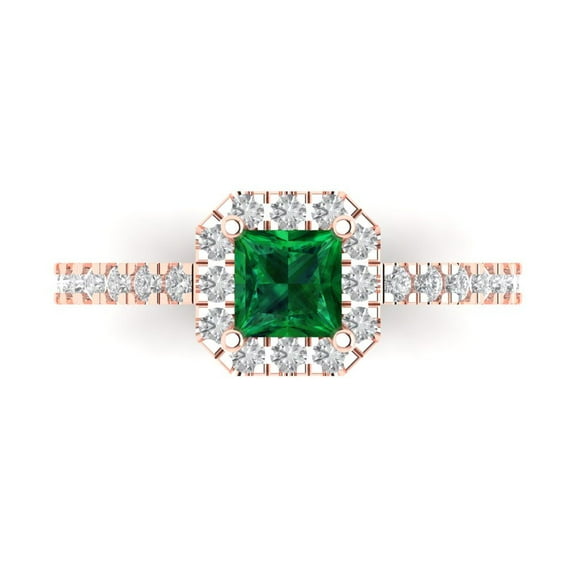 Halo Engagement Ring for Women - 0.89ct Simulated Emerald in 18K Rose Gold Promise Ring
