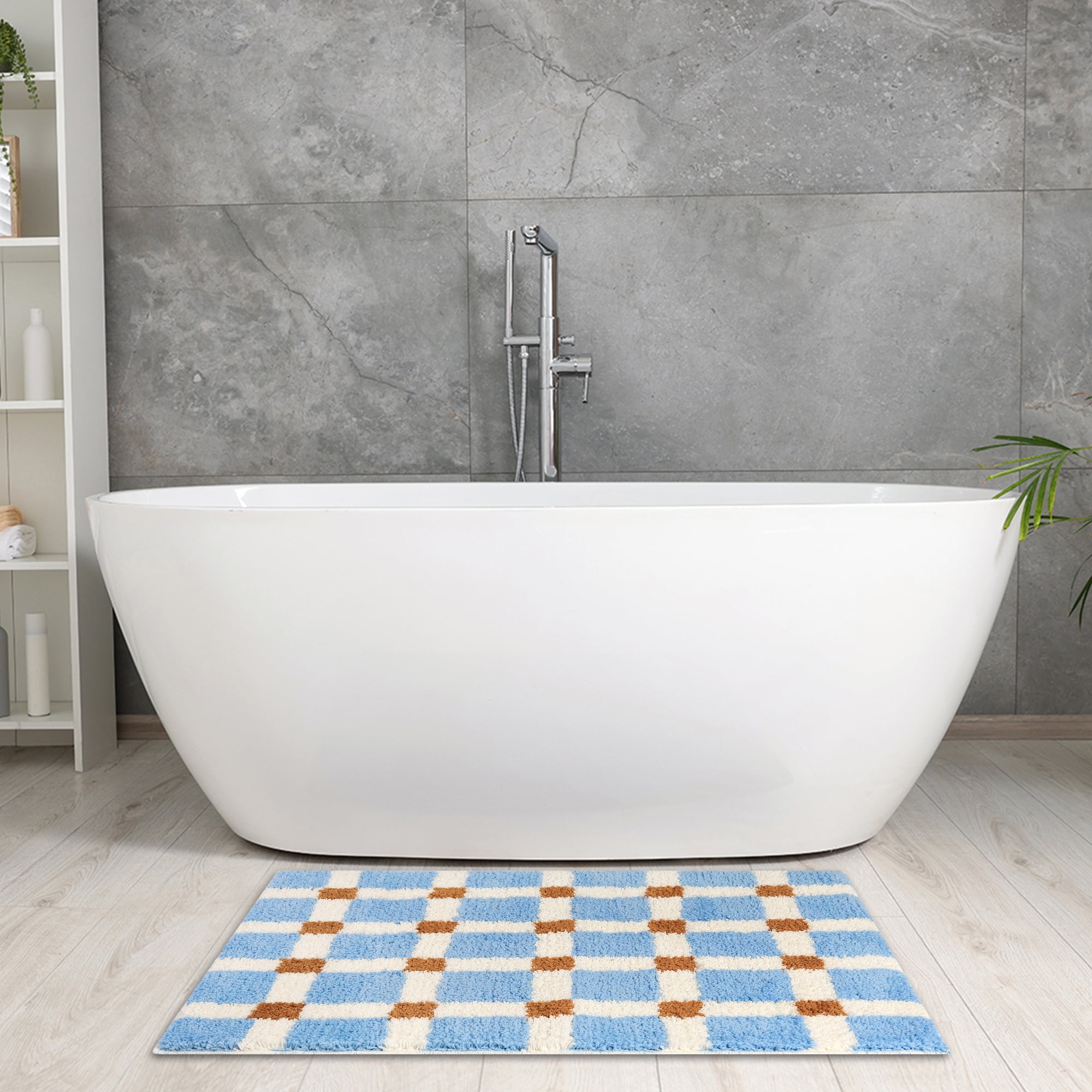 Unique Bargains 2 Pcs Checkered Absorbent Non Slip Bath Mats Soft Fluffy Bathroom Rugs Blue 20" x 32"