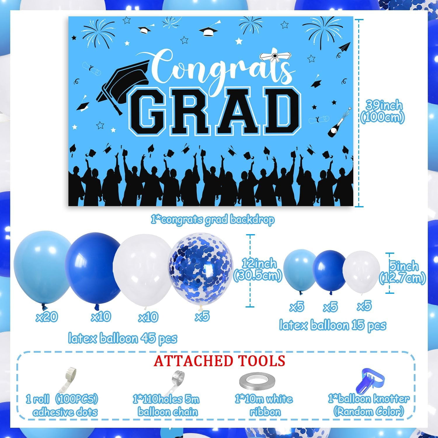65Pcs Congrats Grad Decorations 2024, Light Blue Graduation Decor with Photography Backdrop Fireworks Bachelor Cap Little Star Printed Blue Wihte Black Balloon Garland Arch Kit for Class of 2024 Grad