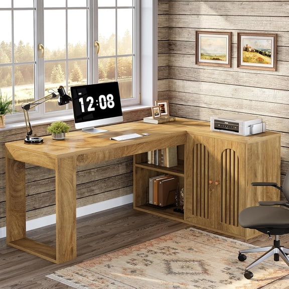 Tribesigns 59-Inch L-Shaped Office Desk, Executive Desk with Storage Cabinet, Corner Computer with Shelves, Wood Desk for Work Study