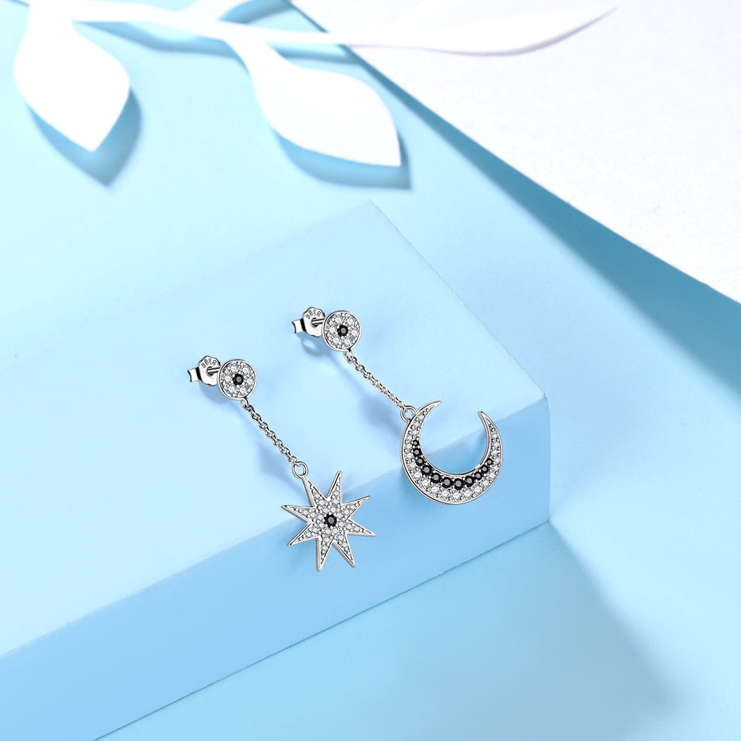 925 Sterling Silver Asymmetric Celestial Moon Star Drop Earrings Dangle Black CZ Fine Jewelry Women Mother Wife Christmas Valentine's Day Gift for Her