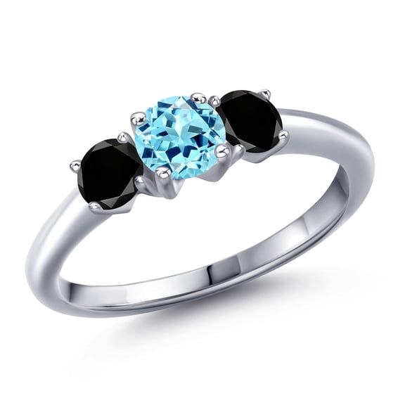 Gem Stone King 925 Sterling Silver Blue Apatite and Black Diamond Engagement Ring for Women | 1.04 Cttw | Round 5MM | Gemstone Birthstone | Size 6