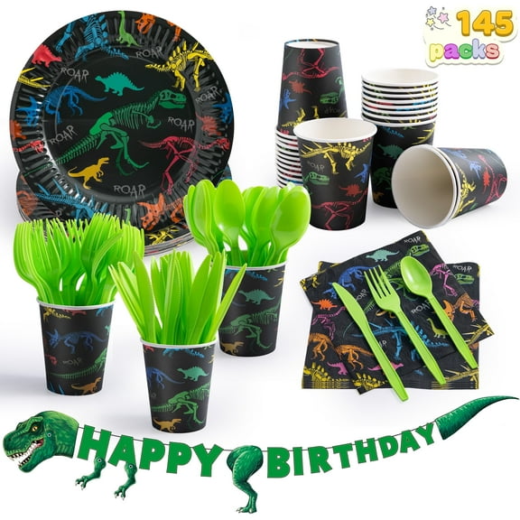 Joyfy 145 Pcs Dinosaur Birthday Party Supplies with Trex Banner, 24 Serves Disposable Tableware Set for Dinosaur Themes Party Kids 2 3 4 5 6 7 8 Years