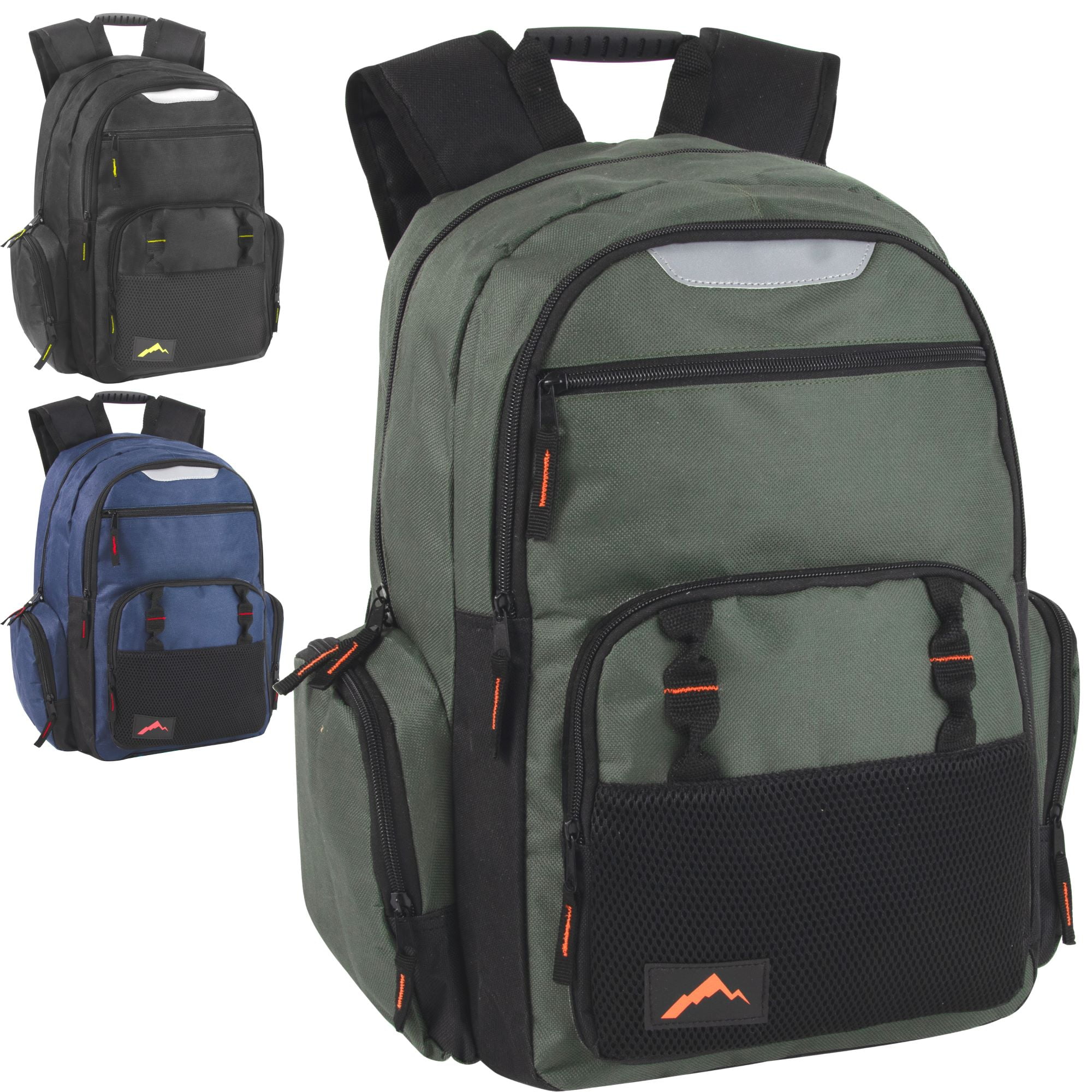 24 Pack of Bulk Wholesale Heavy Duty, Reflective, Dual Compartment, Multi-Pocket, Laptop Backpacks for Work, School, College, Classrooms, Charity and Homeless Donation in Male Colors Pack