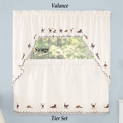 Collections Etc Adorable Cats Embroidered Curtains Set 2 Swag