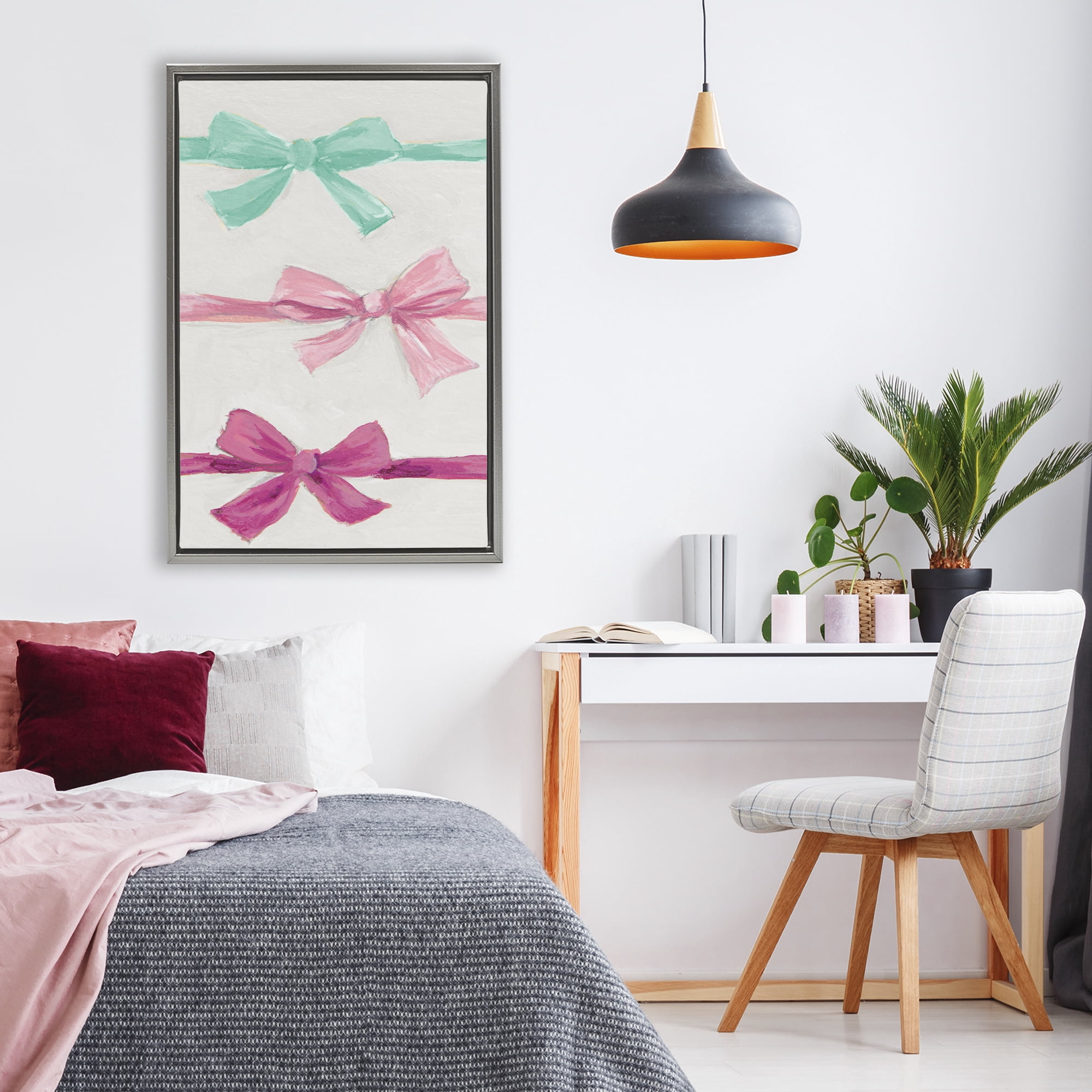 Stupell Industries Ribbon Bows Trio Gray Framed Floater Canvas Wall Art, design by Lanie Loreth