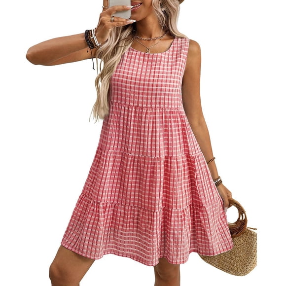 CHUMUD Summer Dresses for Women Scoop Neck Sleeveless Plaid Tiered Midi Dress, Casual Tent Dress