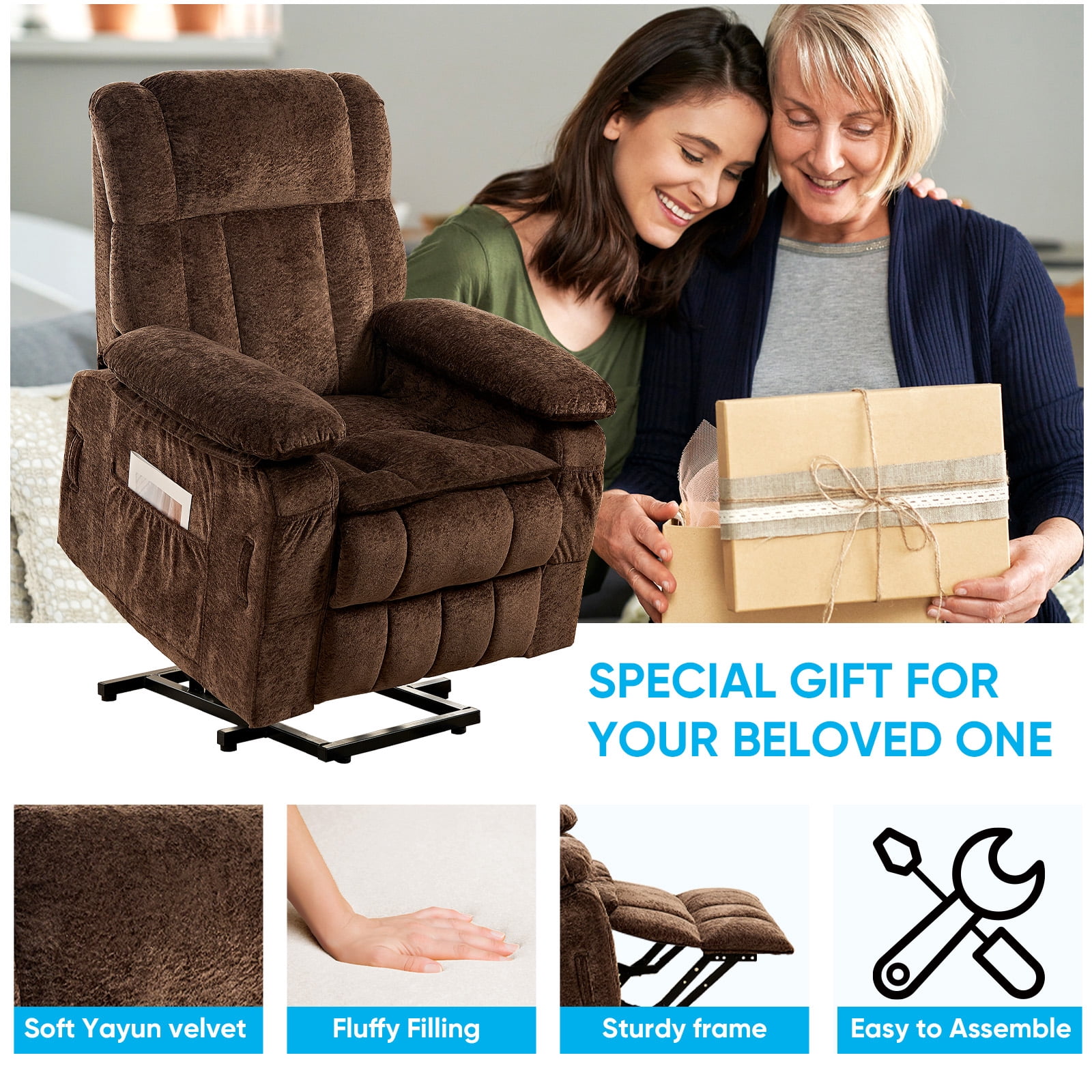 BALUS Oversized Power Lift Recliner with Dual Motor for Elderly, Velvet Arm Chair with Heat and Massage for Living Room, Brown
