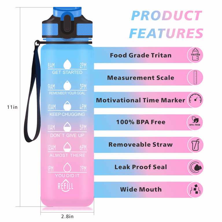 GOSWAG 32oz Motivational Water Bottles with Time Marker & Fruit Strainer,  Sports Water Bottle with Times to Drink, Leakproof & BPA Free, Reusable  Plastic Bottle with Strap no Straw for Gym 