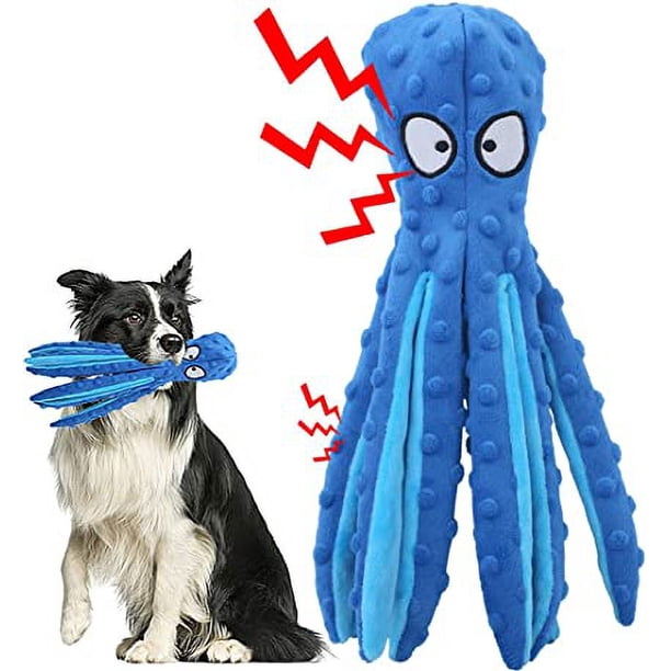 Juguete de peluche para perro (azul), chirriante, sin pulpo, con papel arrugado, para limpiar los dientes de perros medianos.