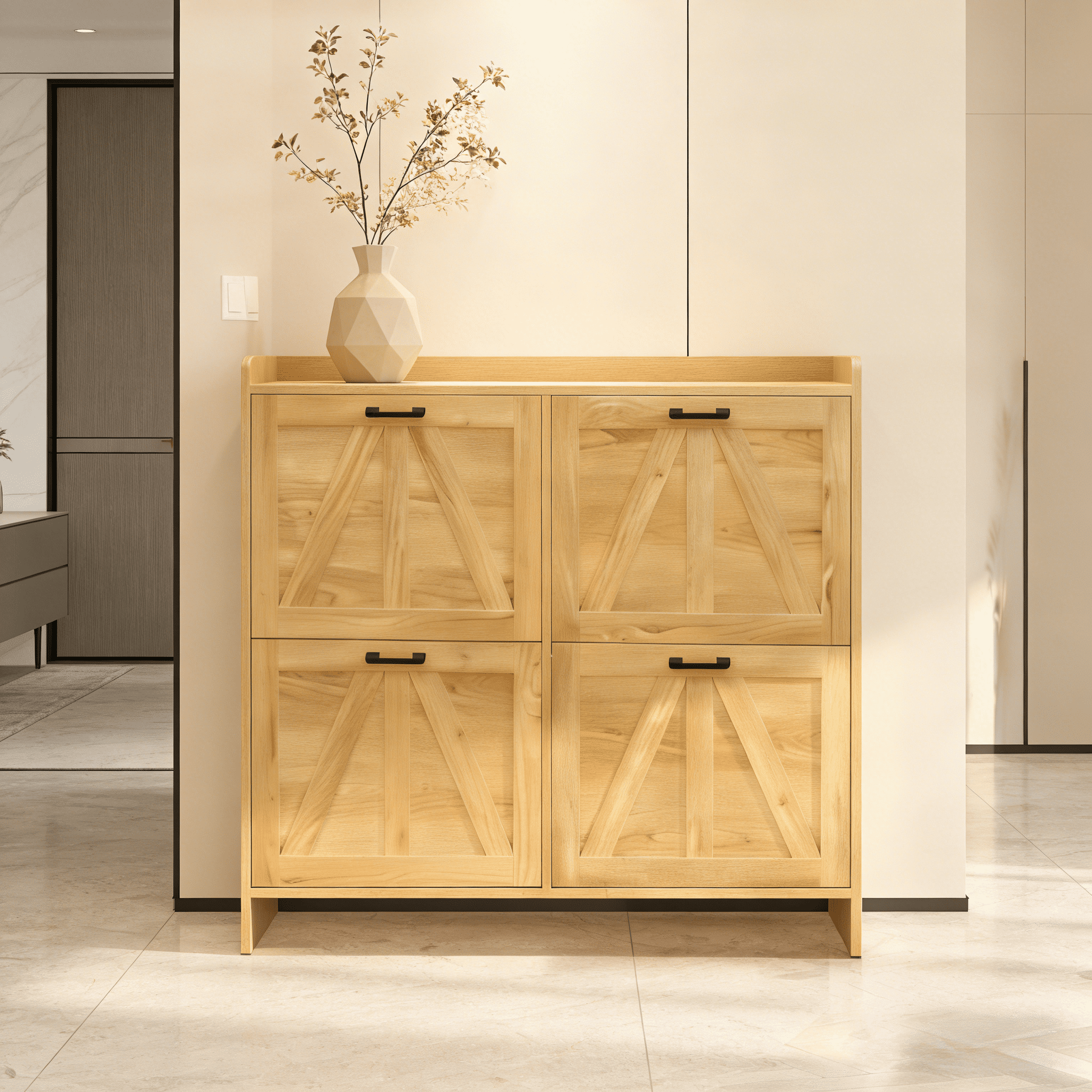 41.9-Inch Barn-Door Shoe Cabinet with 4 Flip Drawers, Space-Saving Entryway Shoe Storage and Hallway Organizer for Living Room, Light Oak