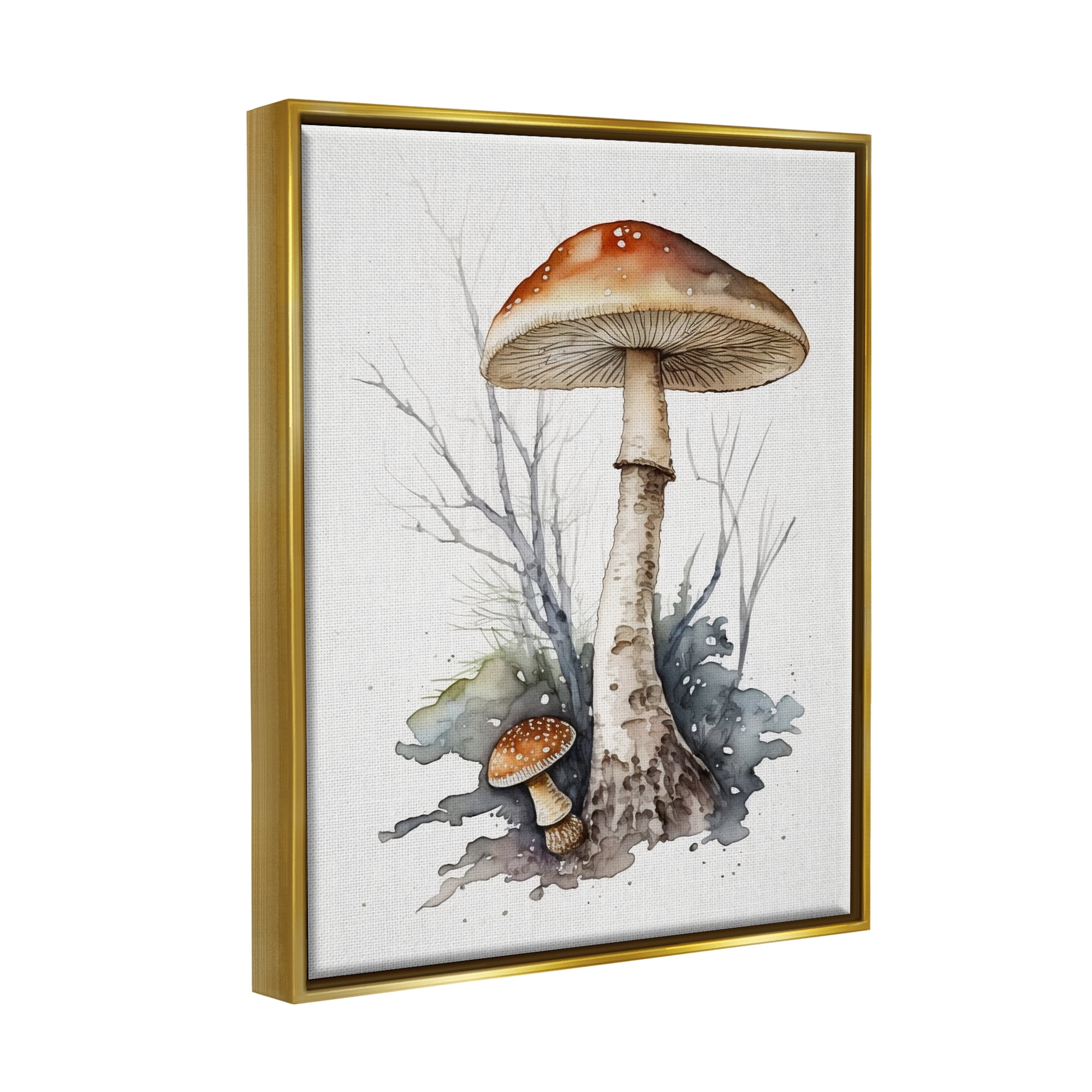 Stupell Industries Mushroom Watercolor Splash Botanical & Floral Painting Gold Floater Framed Canvas Art Print Wall Art, 17 x 21
