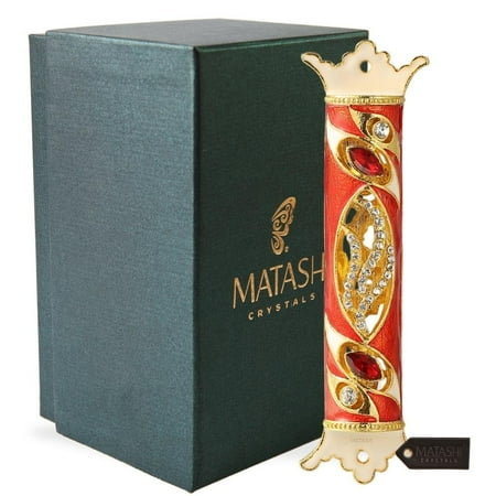 Matashi Brass Hand-Painted Enamel Mezuzah – Royal Red Theme with Gold Accents and Fine Red & Clear Crystals