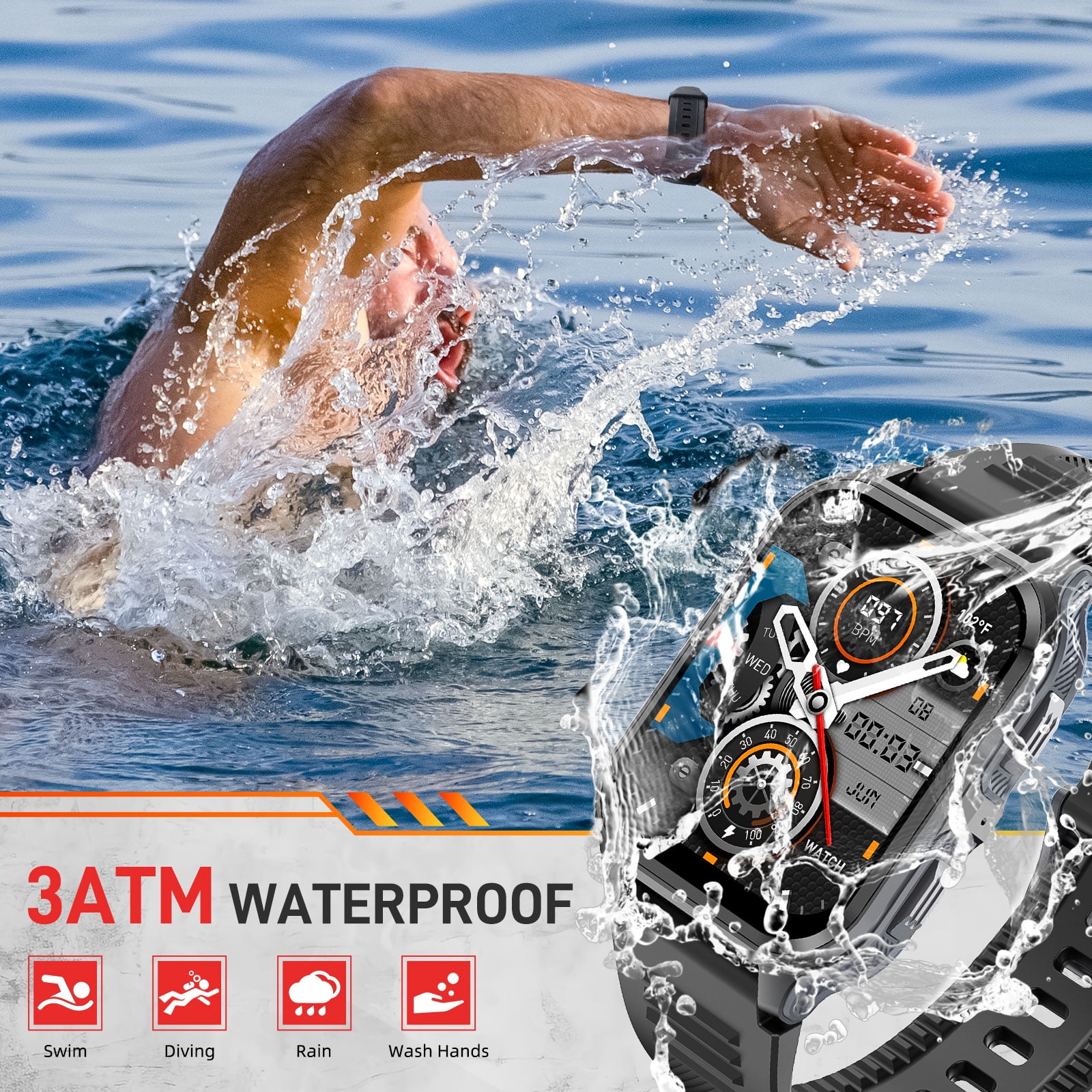 XAXRE Smart Watch For Men, 1.83'' HD Rugged Smartwatch with Bluetooth Calls, 3ATM Waterproof 100+ Sport Modes Outdoor Fitness Tracker for iPhone Android