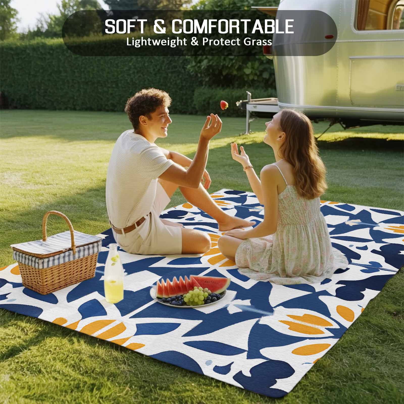 Fsddascl Blue Morocco Outdoor Rug for Patio/Deck/Porch, Non-Slip Large Area Rug 4 x 6 Ft, Boho Geometric Antique Oriental Pattern Indoor Outdoor Rugs Washable Area Rugs, Camping Rug Carpet
