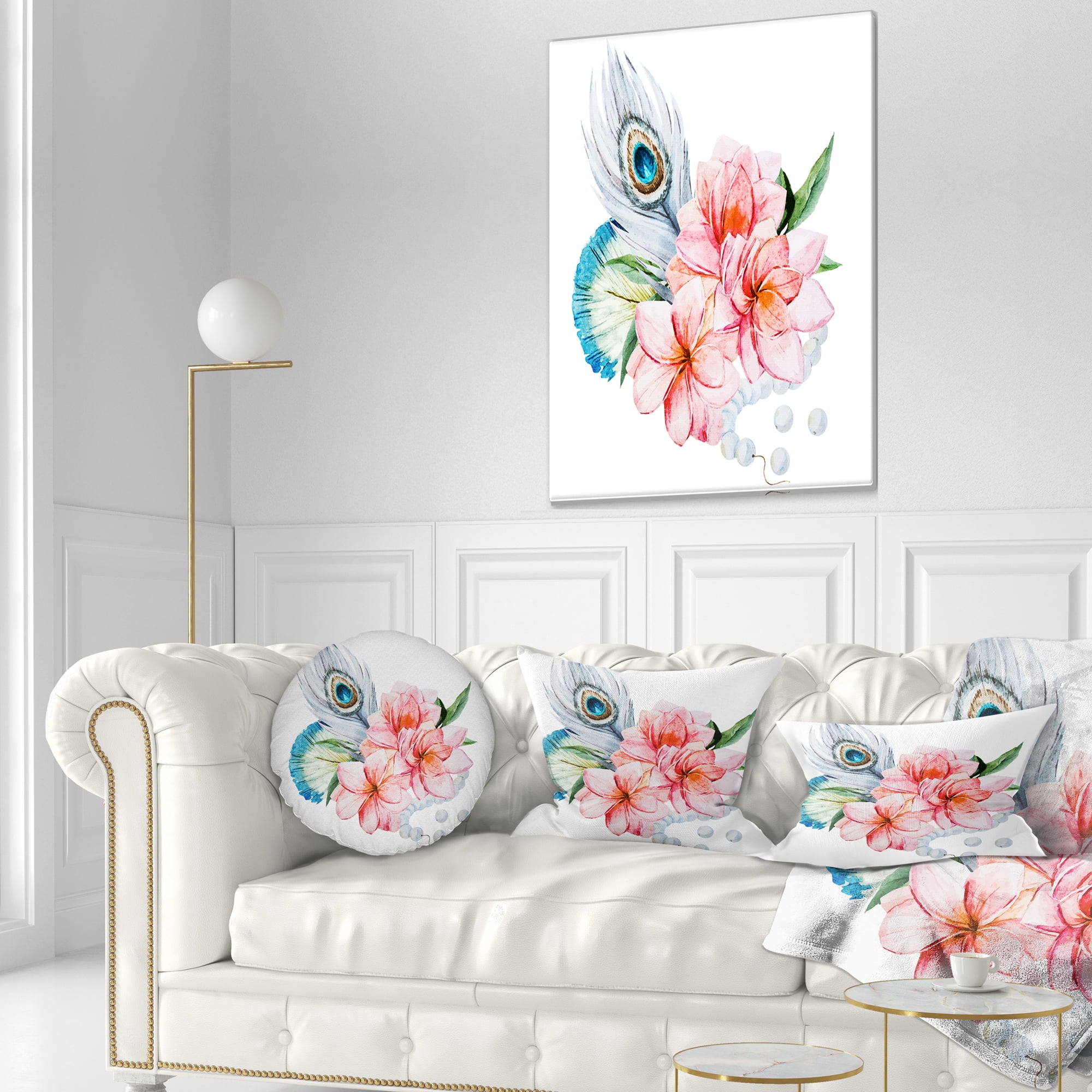Designart Flowers and Peacock Feather - Floral Throw Pillow - 12x20