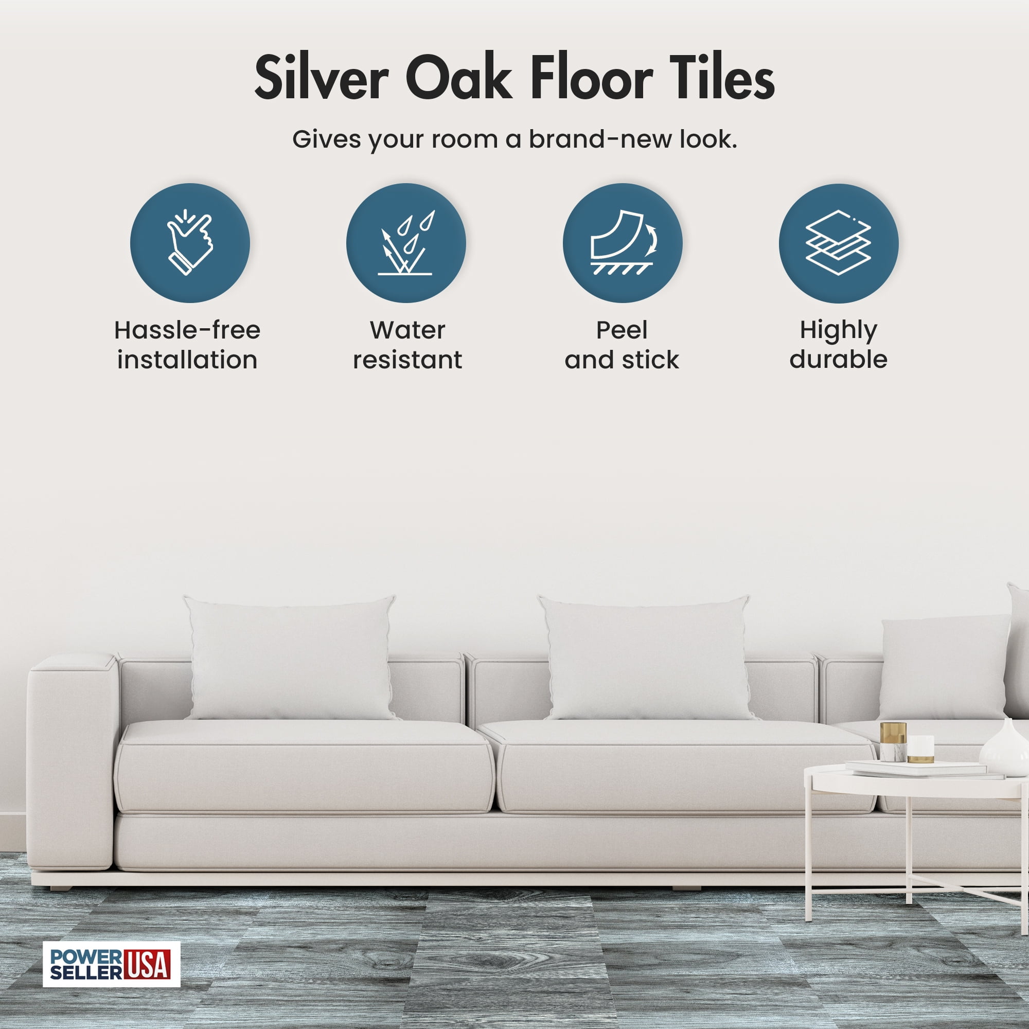 PowerSellerUSA Vinyl Self Adhesive Floor Tiles, 20 Pcs 12 x 12 inches Contemporary Peel and Stick Floor Tile Stickers, Square Flooring Tiles for Kitchen, Bedroom, and Bathroom, Light Silver Oak