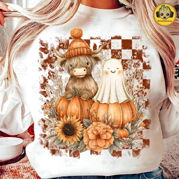 Retro Cute Fall Highland Cow Ghost Sweatshirt, Spooky Ghost Sweatshirt, Autumn Cow Shirt, Halloween Pumpkin Spice Sweatshirt, Trendy Boo Ghost Sweatshirt
