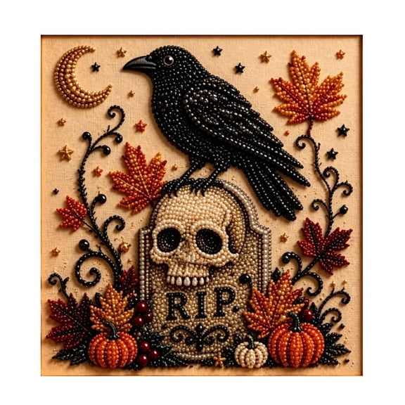 Diamond Art Kit Halloween Gothic Crow Skull Bead Art for Adults, Complete Set with Canvas, Tools and Materials for Spooky Halloween Wall Decor and Fall Home Displays