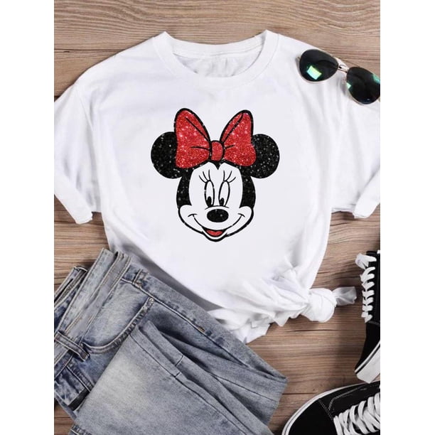 Disney Cartoon Clothing Casual Tee Shirt Mickey Mouse Women Holiday Summer Short Sleeve Print Fashion Graphic T-shirtsM Gao Jinjia LED