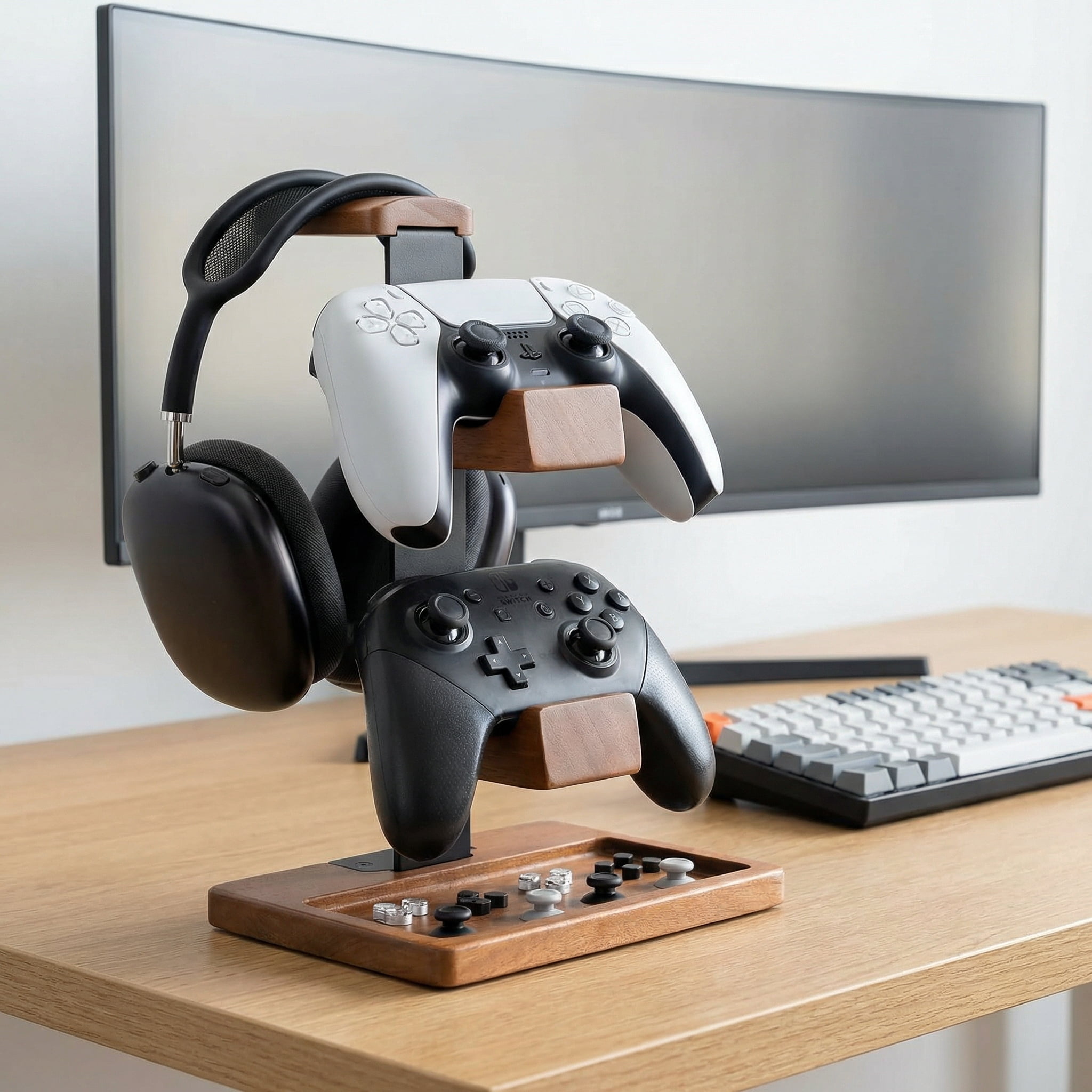 Solid Wood Controller Holder and Headphone Stand, Gaming Controller Stand for Desk, Dual Controller Organizer Rack, Fits Xbox, PS4, PS5, Gamepad, Headset Holder for Son, Husband, Boyfriend