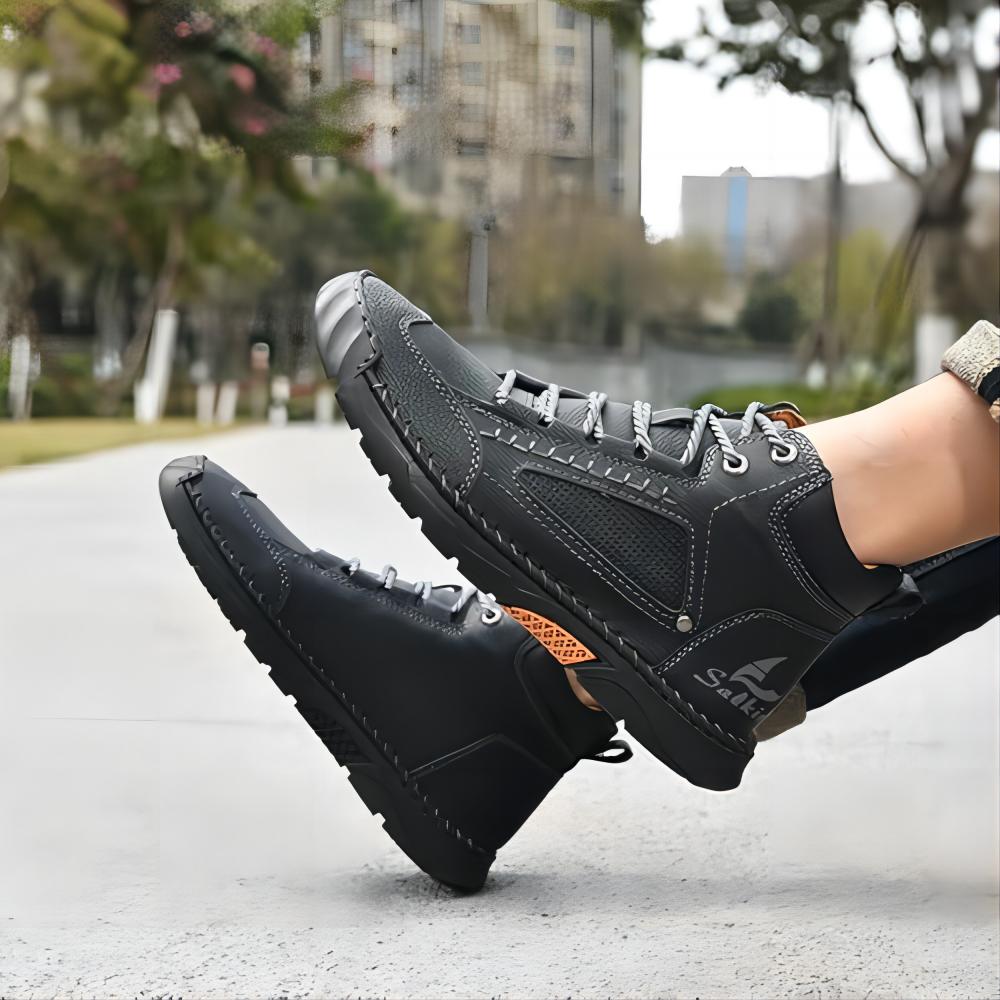 Men's Casual Leather Boots Handmade Lightweight Breathable Anti-slip Impact-resistant Sneakers Chukka Hiking Loafers Shoes Black 7.5 US