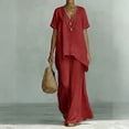 thumbnail image 2 of Lumtrix Women 2 Piece Linen Set Flowy Short Sleeve Irregular Hem Top And Wide Leg Pants Trousers Suits Summer Vacation Outfits Red M, 2 of 5