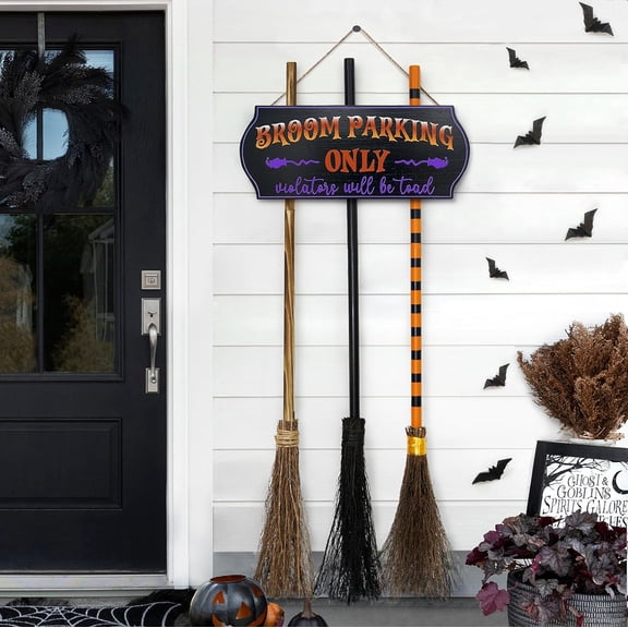 Halloween Decorations - Halloween Decor - Broom Parking Sign with 3 Wooden Witches Brooms - Hocus Pocus Cute Decoration for Front Porch Wall Decor Home Office Indoor