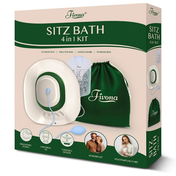 4 in 1 Sitz Bath Soaking Kit - Complete Kit for Epsom Salt Soaks for Hemorrhoid Treatment and Postpartum Care - Bundle of Sitz Bath Seat, Solution Bag, Hand Flusher & Storage Bag