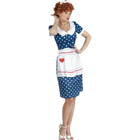 I Love Lucy Costume Blue Polka Dot Dress Apron and Wig Women Theatrical Costume Sizes: