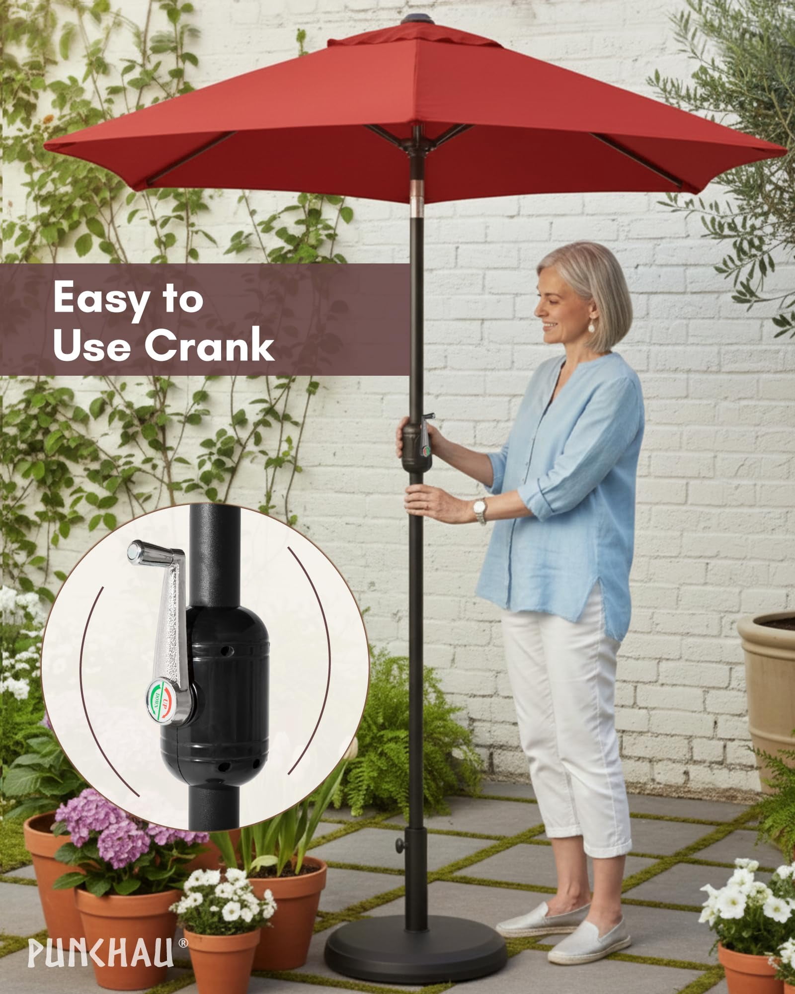 Punchau 6 Ft Outdoor Patio Umbrella, Easy Open/Close Crank and Push Button Tilt Adjustment - Wine Red Burgundy Market Umbrellas